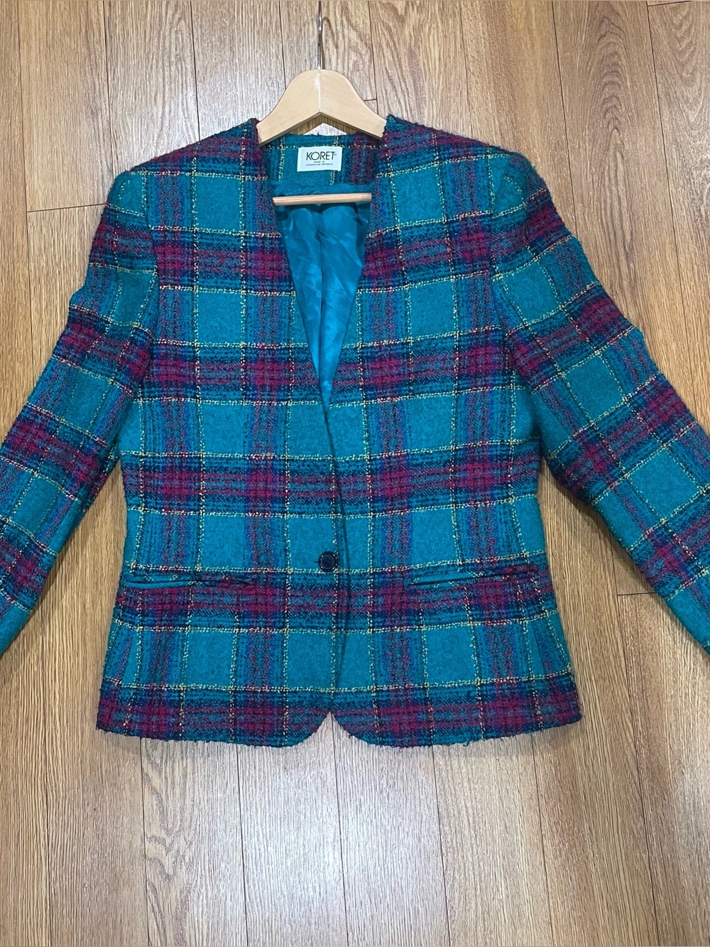 Vintage 80s Koret Plaid Wool Blend Tweed Blazer Jacket Size 10 Retro Career Glam - Picture 5 of 16